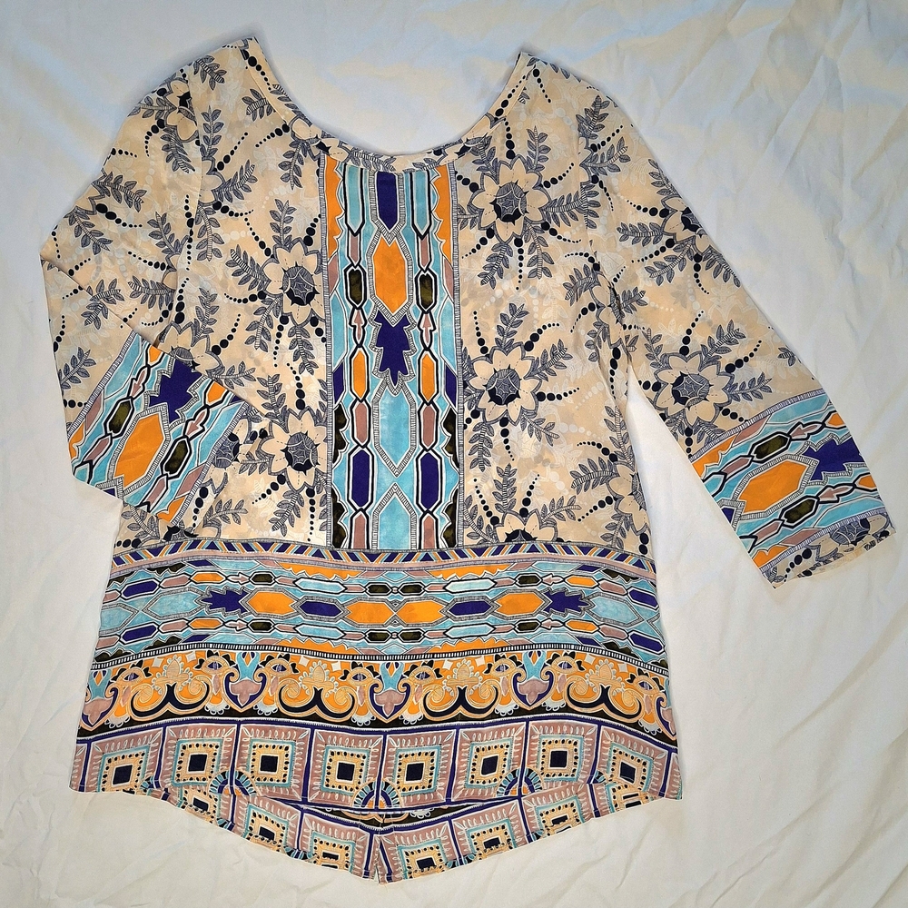 Maeve Anthropologie 100% Silk Boho Floral Mixed Print Blouse Size 2